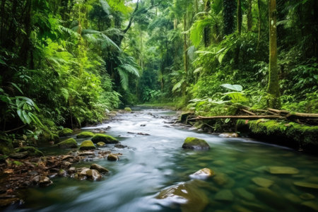 long exposure shot of a river flowing through a jungle, created with generative aiの素材