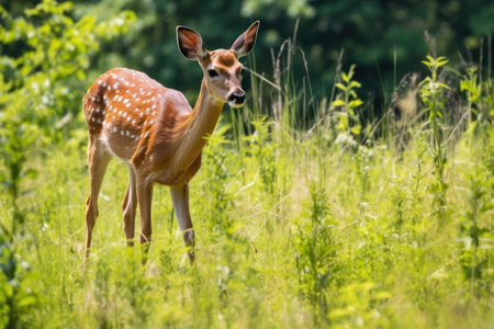 a wild deer eating grass in a lush green field, created with generative aiの素材
