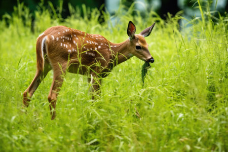 a wild deer eating grass in a lush green field, created with generative aiの素材