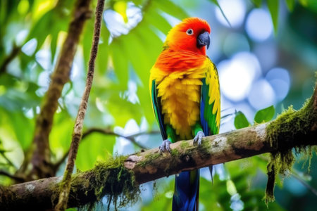 bright colored exotic bird perched in a rainforest tree, created with generative aiの素材