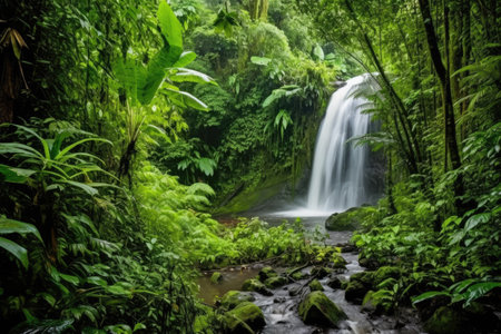 roaring waterfall amid lush green rainforest, created with generative aiの素材