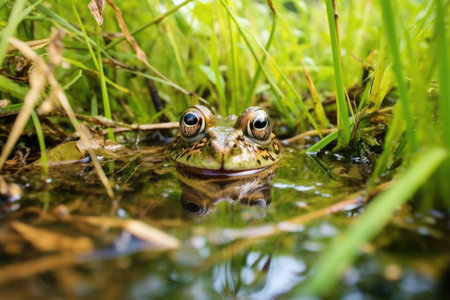 a close-up of a frog in dense swamp vegetation, created with generative aiの素材