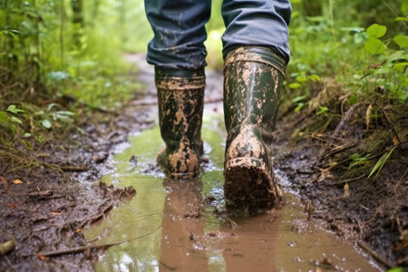 rubber boots on wet trail, created with generative aiの素材