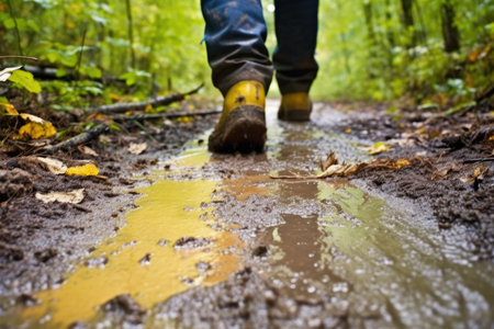 rubber boots on wet trail, created with generative aiの素材