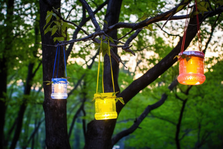 recharged solar-powered lanterns hanging from a tree branch, created with generative aiの素材