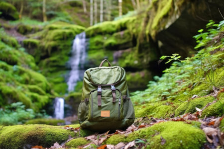 small green backpack on a mossy rock, created with generative aiの素材