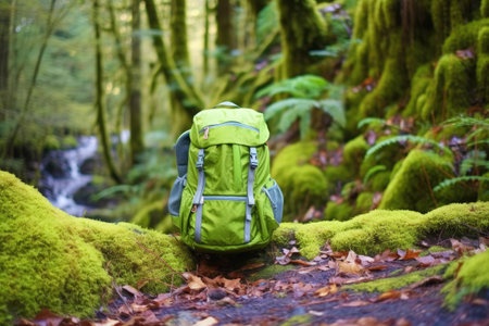 small green backpack on a mossy rock, created with generative aiの素材