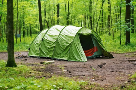 a closed green tent in forest clearing, created with generative aiの素材