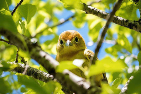 binocular view of a bird in a treetop, created with generative aiの素材
