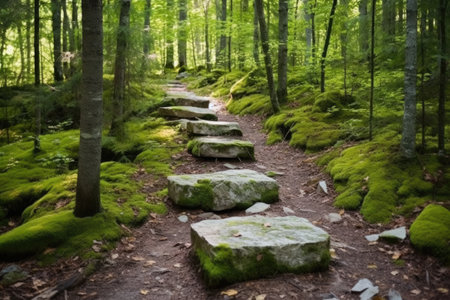 a forest trail marked with eco-friendly stone signs, created with generative aiの素材