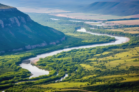 meandering river seen from a mountain in a protected area, created with generative aiの素材