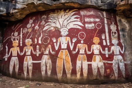 tribal mural painting on a large rock, created with generative aiの素材