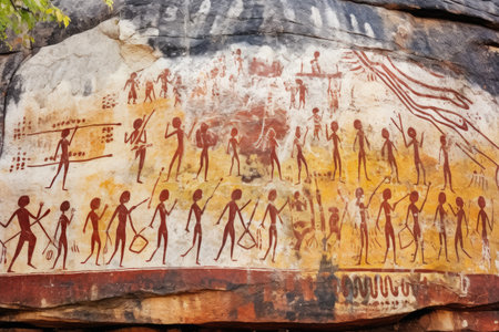 tribal mural painting on a large rock, created with generative aiの素材