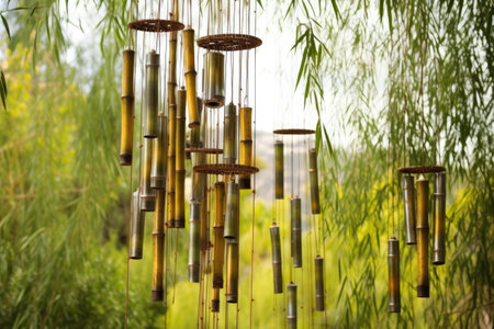 bamboo wind chimes swaying in the wind, created with generative aiの素材