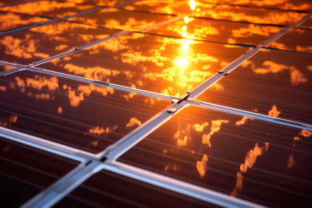 close-up of solar panels with a setting sun reflection, created with generative aiの素材