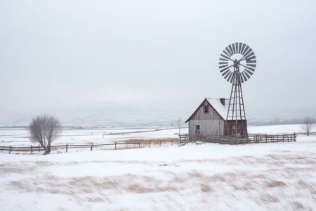a windmill in snowy region under an overcast sky, created with generative aiの素材