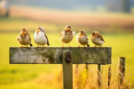 birds perched on a sign in a wildlife reserve, created with generative aiの素材