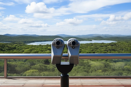 binoculars on top of an observation deck in a bird reserve, created with generative aiの素材