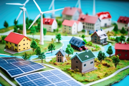 miniature smart grid model with solar panels and windmills, created with generative aiの素材