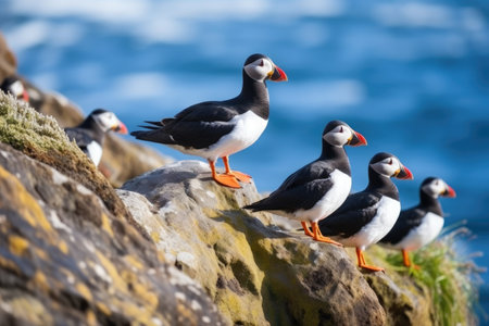puffins perched on a rocky seaside cliff, created with generative aiの素材