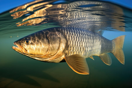 shimmering scales of a freshwater fish under morning light, created with generative aiの素材