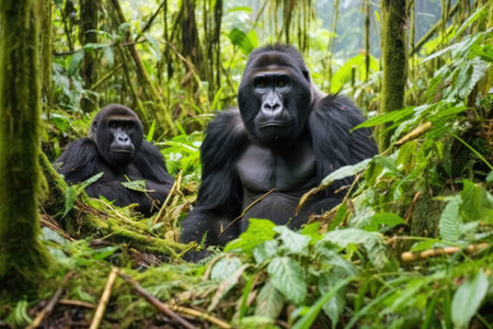 mountain gorillas interacting in a forest clearing, created with generative aiの素材