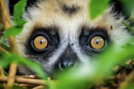 closeup of a lemurs eyes peeping from tree leaves, created with generative aiの素材