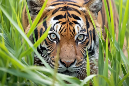 a sumatran tiger stalking prey from tall grass, created with generative aiの素材