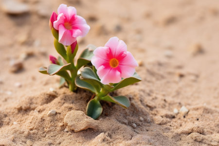 desert rose plant with pink blossoms in a sandy terrain, created with generative aiの素材