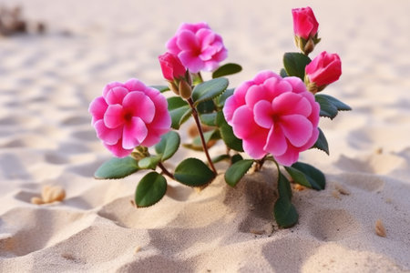 desert rose plant with pink blossoms in a sandy terrain, created with generative aiの素材
