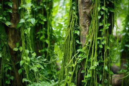 multiple jade vines growing on a tree trunk, created with generative aiの素材