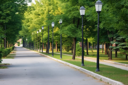 solar-powered street lamps lining a sidewalk, created with generative aiの素材