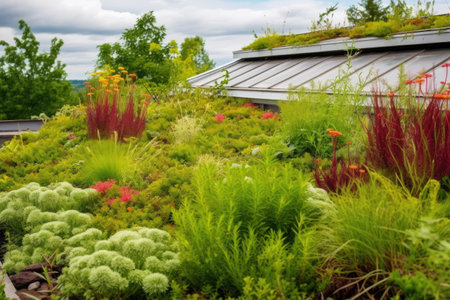green roof covered with various plants, created with generative aiの素材