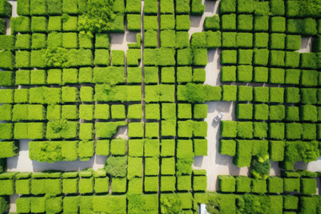 top view of a maze-shaped greenery urban garden, created with generative aiの素材