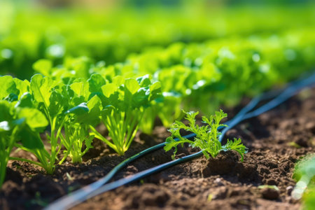 close up of drip irrigation system in vegetable garden, created with generative aiの素材