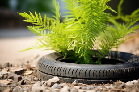 close-up of plant growing in an old tire, created with generative aiの素材