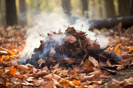 smoke from a burning pile of leaves, created with generative aiの素材