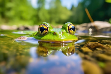 close-up of a frog in a polluted pond, created with generative aiの素材