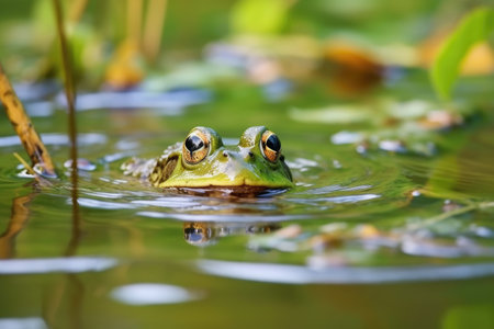 close-up of a frog in a polluted pond, created with generative aiの素材