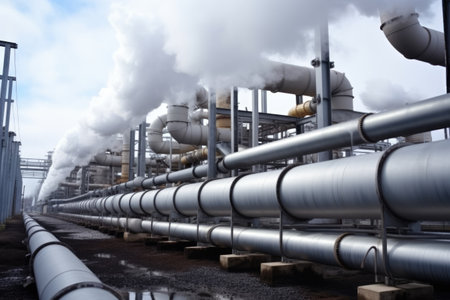 industrial pipes releasing thick grey smoke, created with generative aiの素材