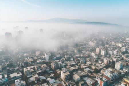 drone view of a city heavily covered in smog, created with generative aiの素材