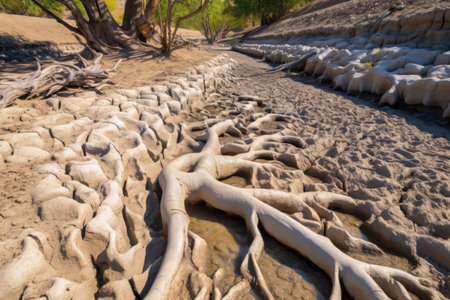 parched riverbed with sun-bleached tree roots exposed, created with generative aiの素材