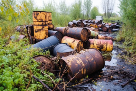 rusted barrels of chemical waste dumped illegally, created with generative aiの素材