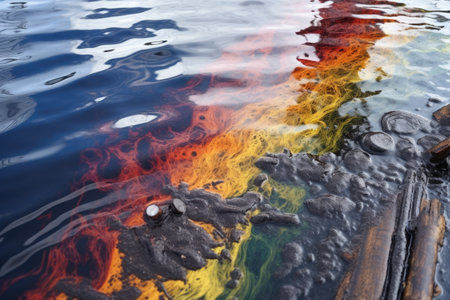 oil spill with rainbow sheens on water surface, created with generative aiの素材