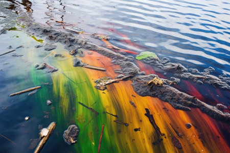 oil spill with rainbow sheens on water surface, created with generative ai