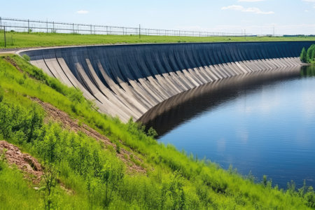 a dam obstructing a river, creating a reservoir, created with generative aiの素材