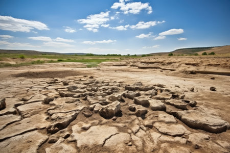a deserted, eroded landscape caused by severe drought, created with generative aiの素材