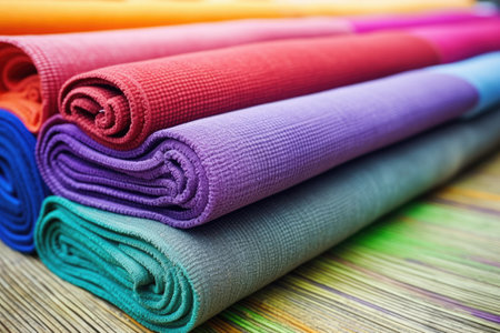 multi-colored yoga mats rolled up side by side, created with generative aiの素材