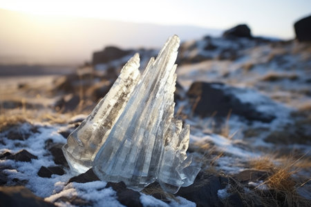 close-up of frost shattering on a rock, created with generative aiの素材