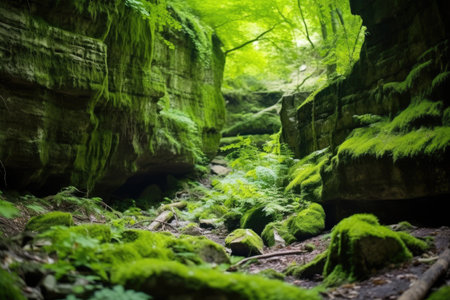 lush vegetation growing on a weathered rock, created with generative aiの素材
